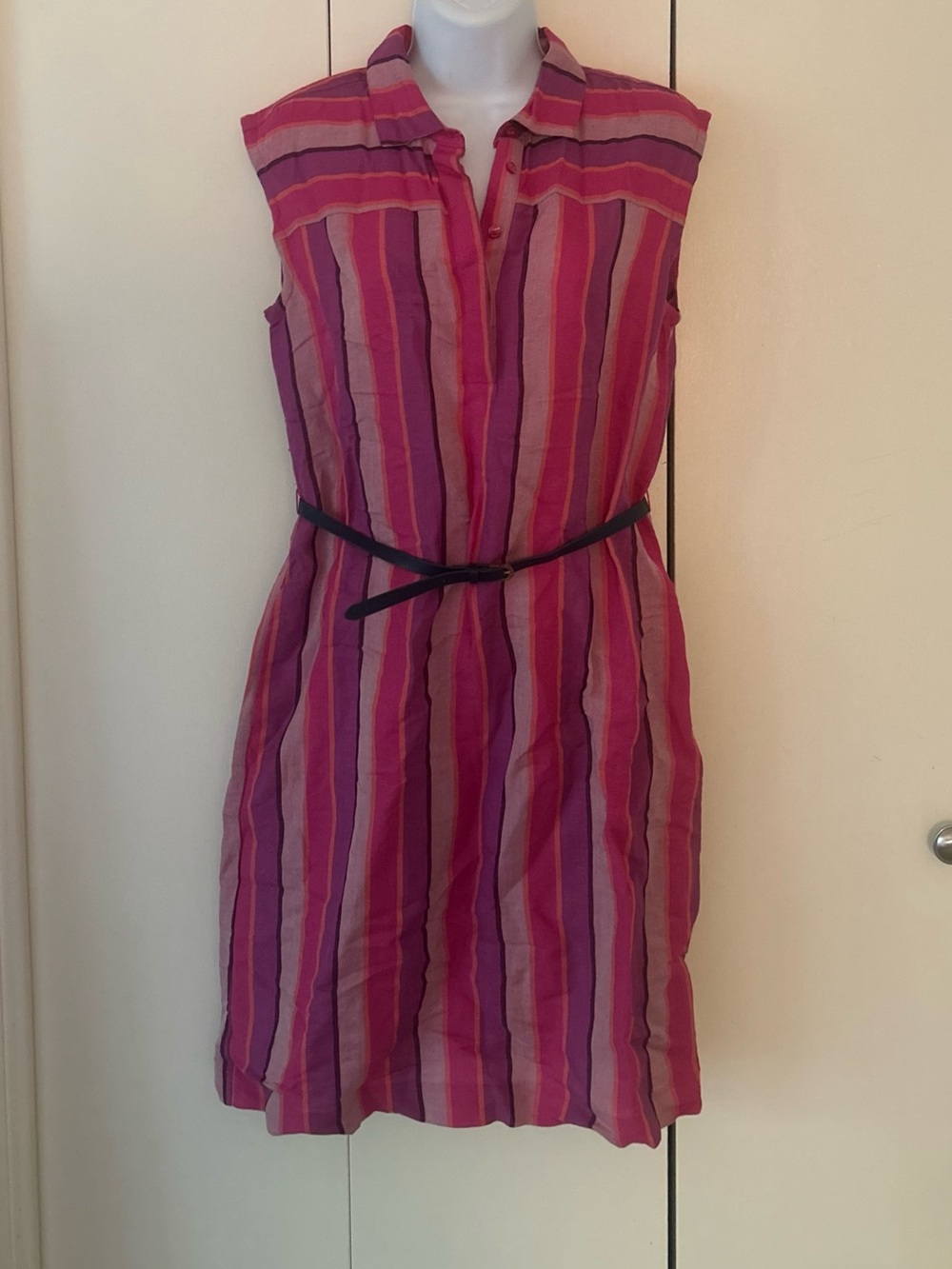 Tommy Hilfiger Linen blend Striped Button top belted sleeveless dress pockets S